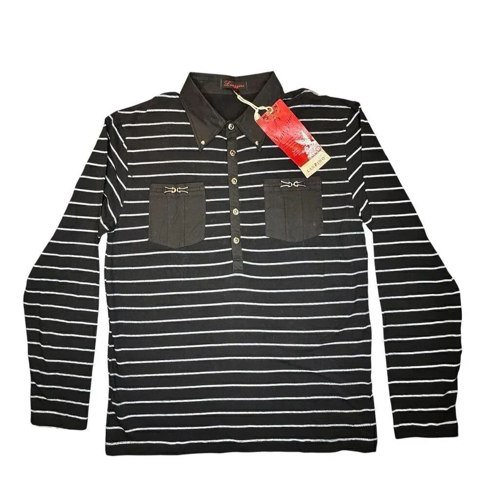 Lanzzino Sz 2XL 100% Cotton Sweater Polo Rugby Shirt Long Sleeve Shirt Striped